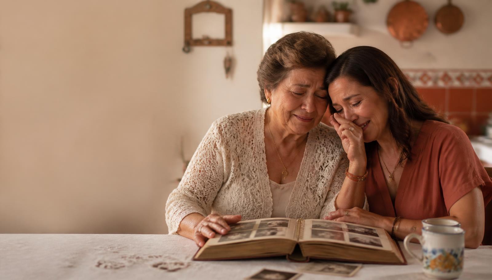 A mother and daughter looking through an old family photo album together