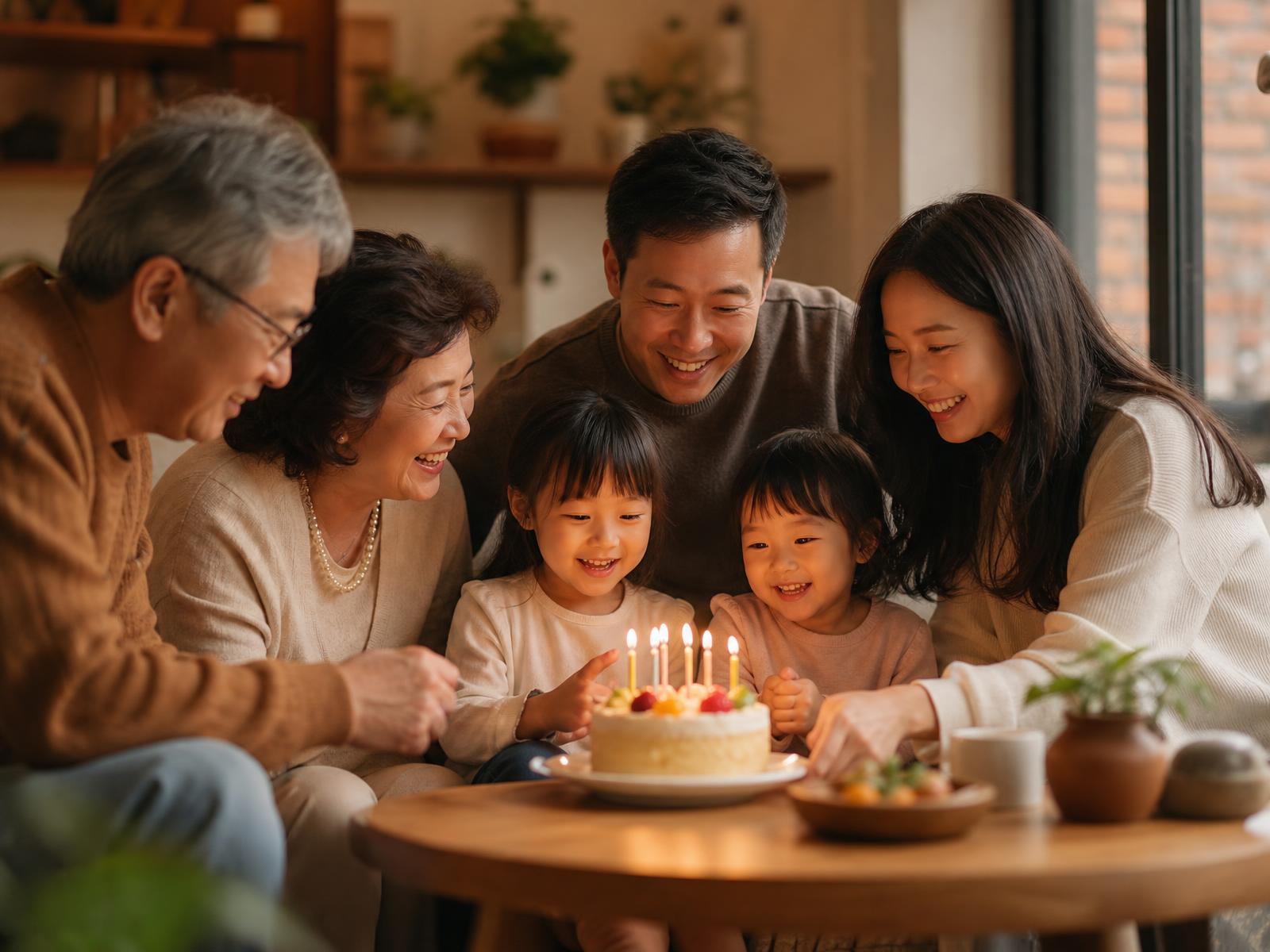 Three generations of a Vietnamese family laughing together around a birthday cake