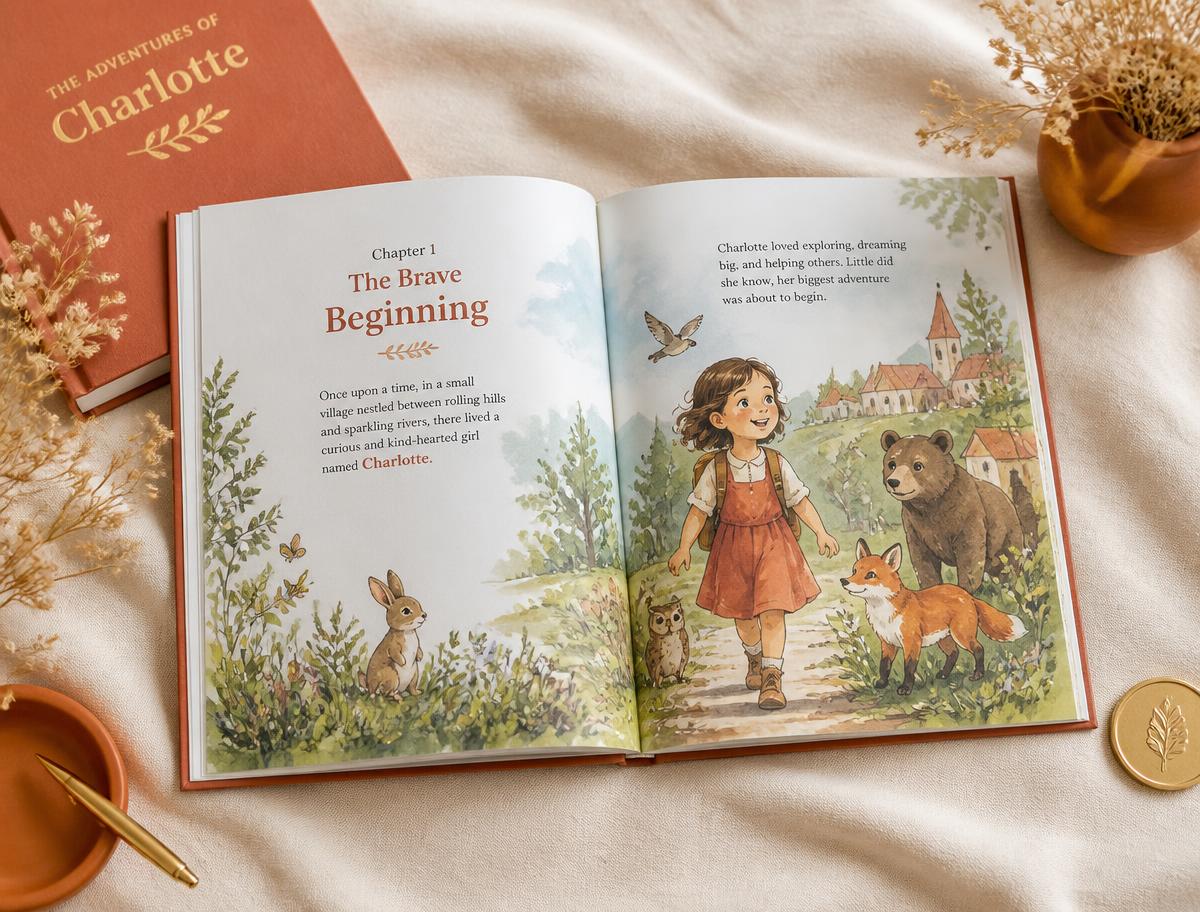 A personalized children's storybook open on a cream linen surface
